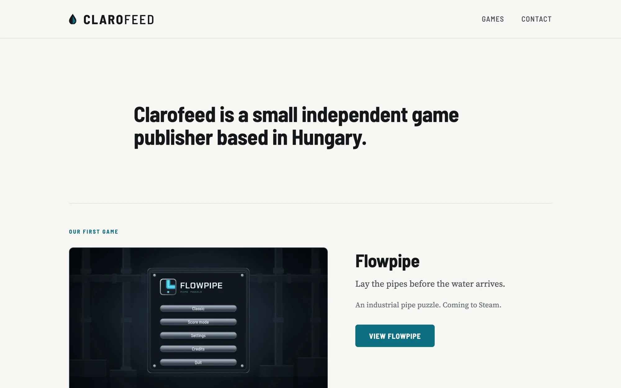 A Clarofeed kezdőlapja: a kiadó egymondatos bemutatkozása és a Flowpipe játék kártyája.