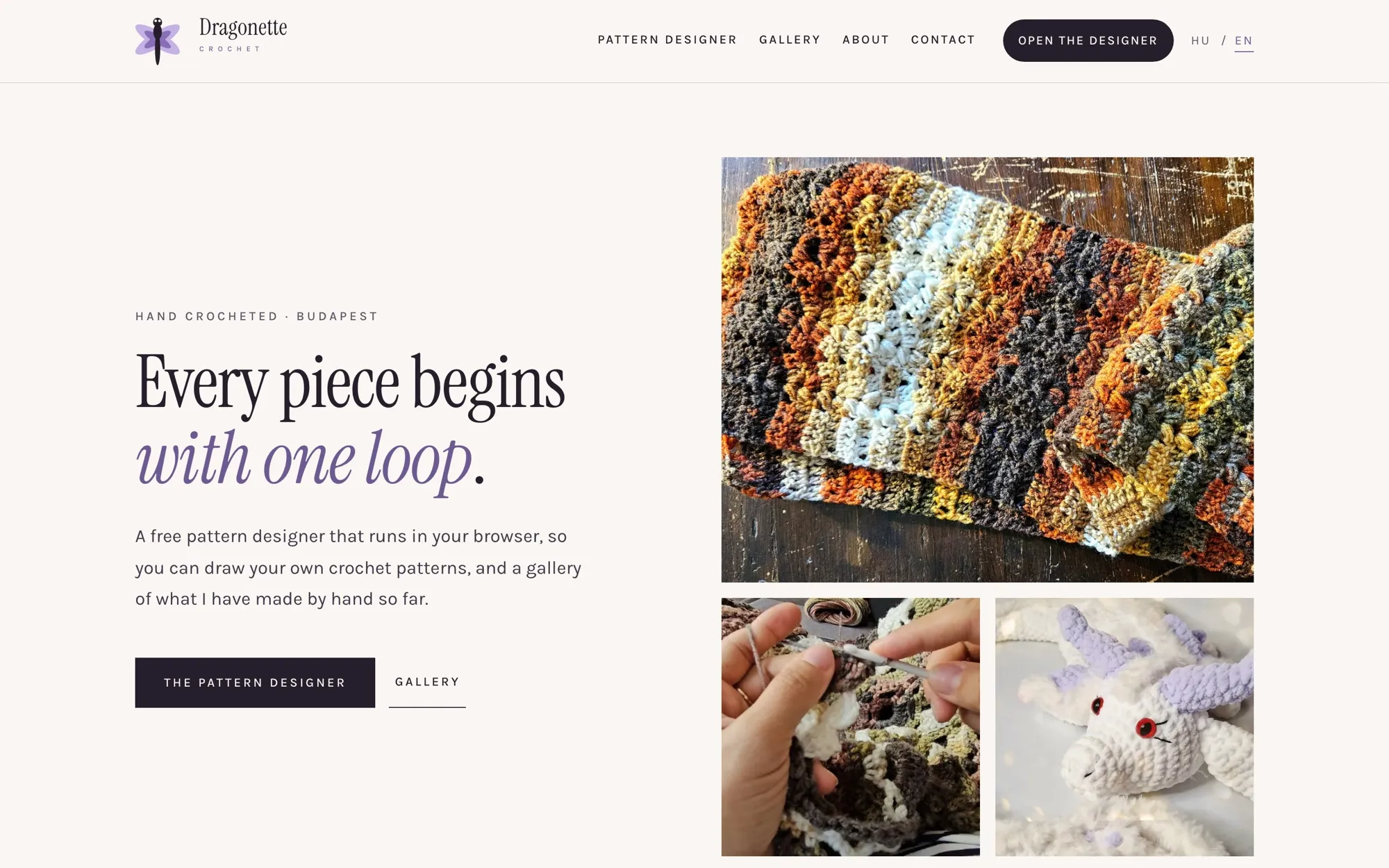 The Dragonette Crochet home page in English: the heading “Every piece begins with one loop.” and photos of crocheted pieces.