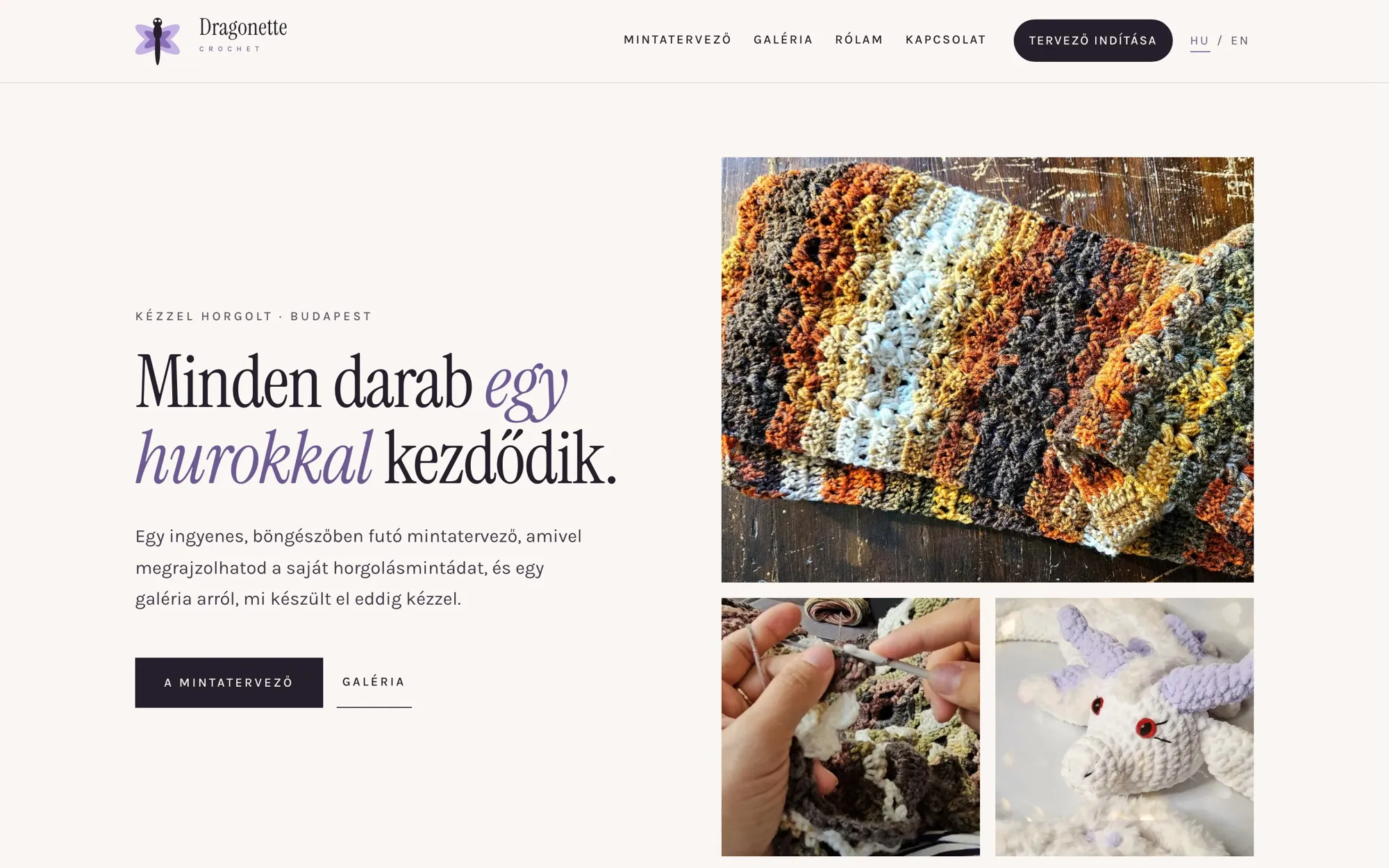 A Dragonette Crochet kezdőlapja: „Minden darab egy hurokkal kezdődik.” címsor és fotók horgolt darabokról.