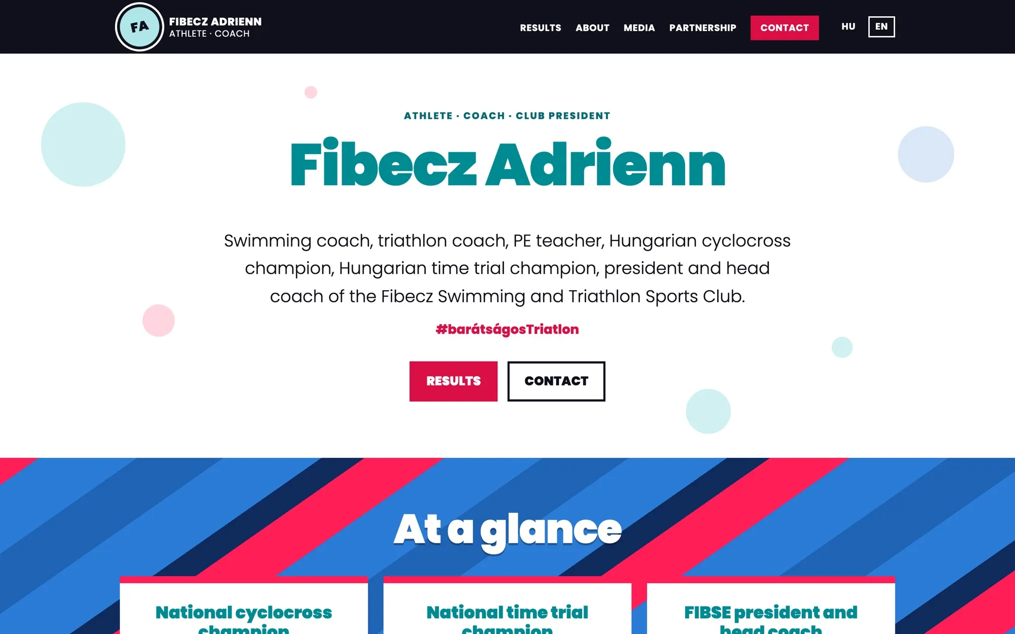 The fibeczadrienn.hu home page in English: Adrienn Fibecz's name, a short introduction, and Results and Contact buttons.