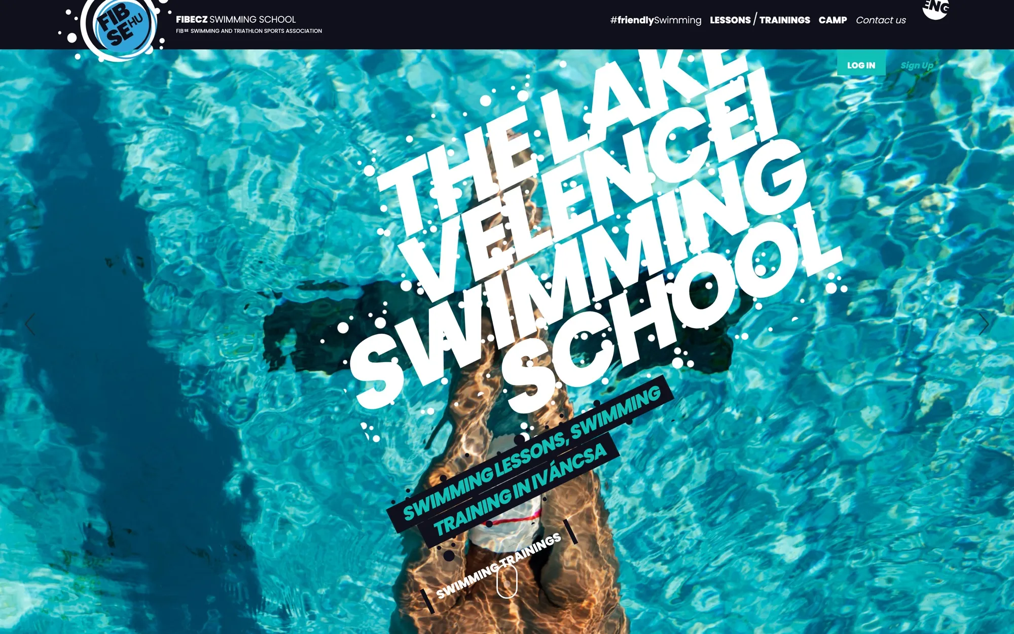 The Fibecz Swimming School home page in English: a swimmer in a pool seen from above, with the heading “The Lake Velencei swimming school”.
