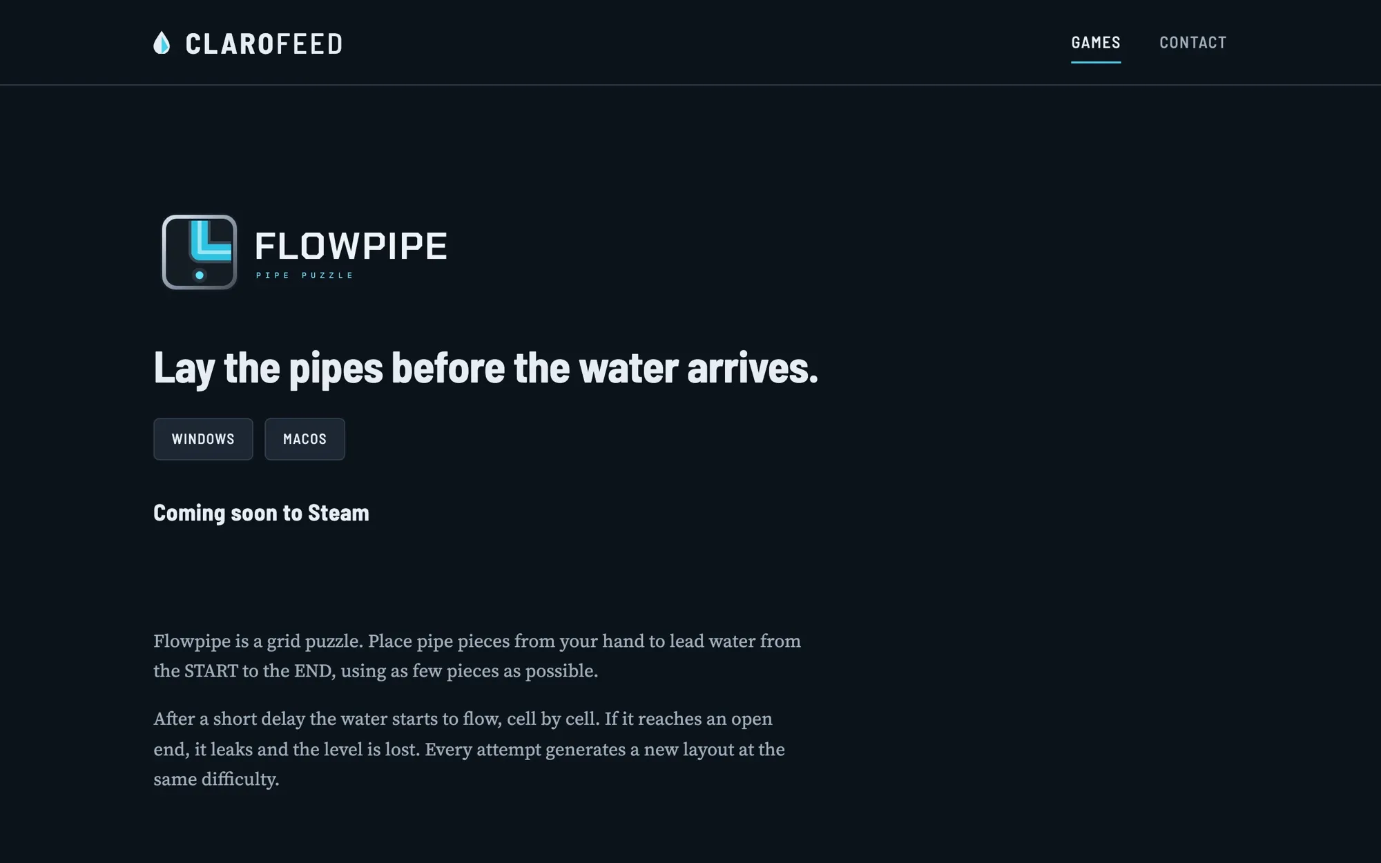 A Flowpipe oldala a Clarofeeden: a játék logója és a „Lay the pipes before the water arrives.” szlogen.