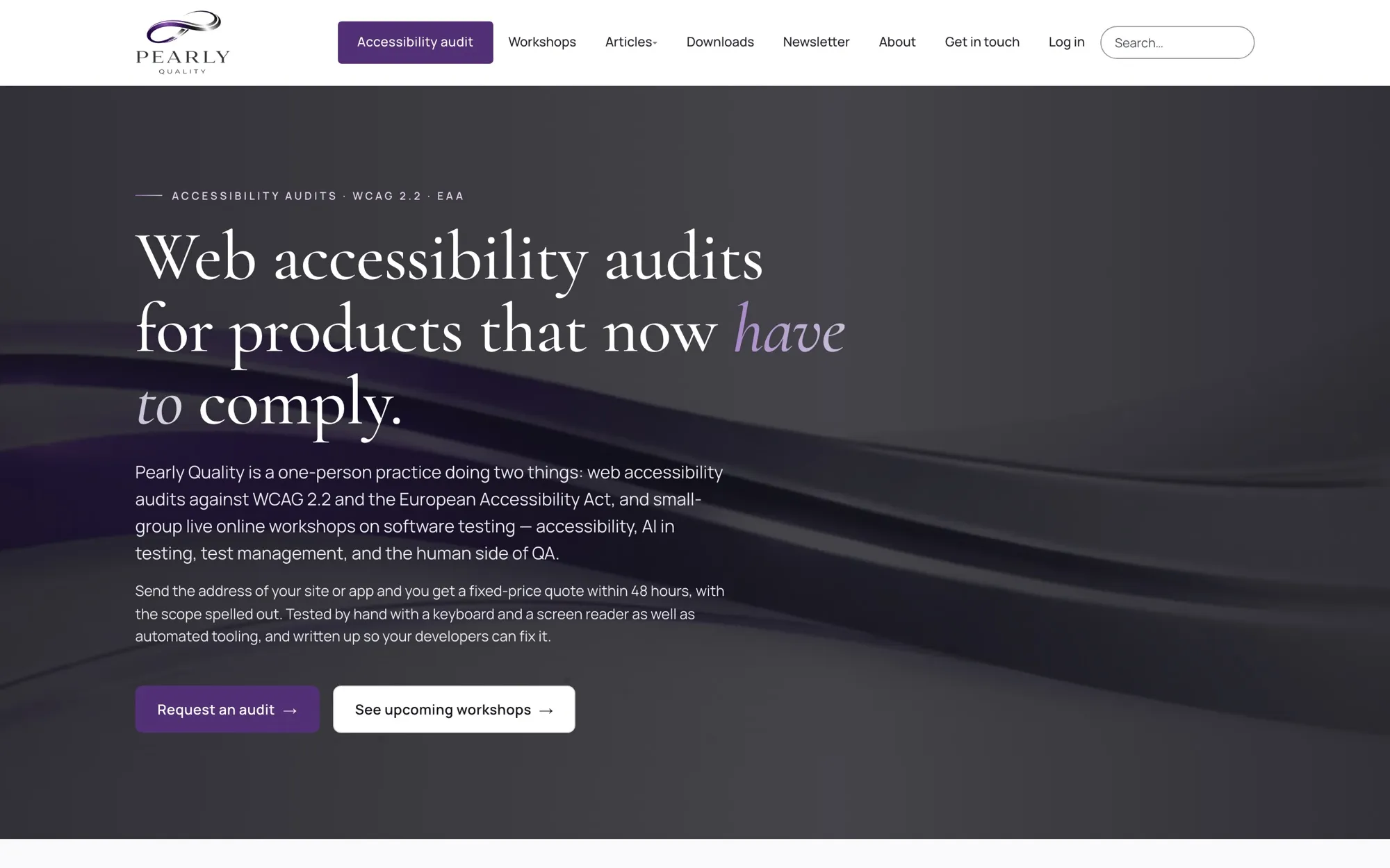 A Pearly Quality kezdőlapja: „Web accessibility audits for products that now have to comply.” címsor és ajánlatkérő gomb.