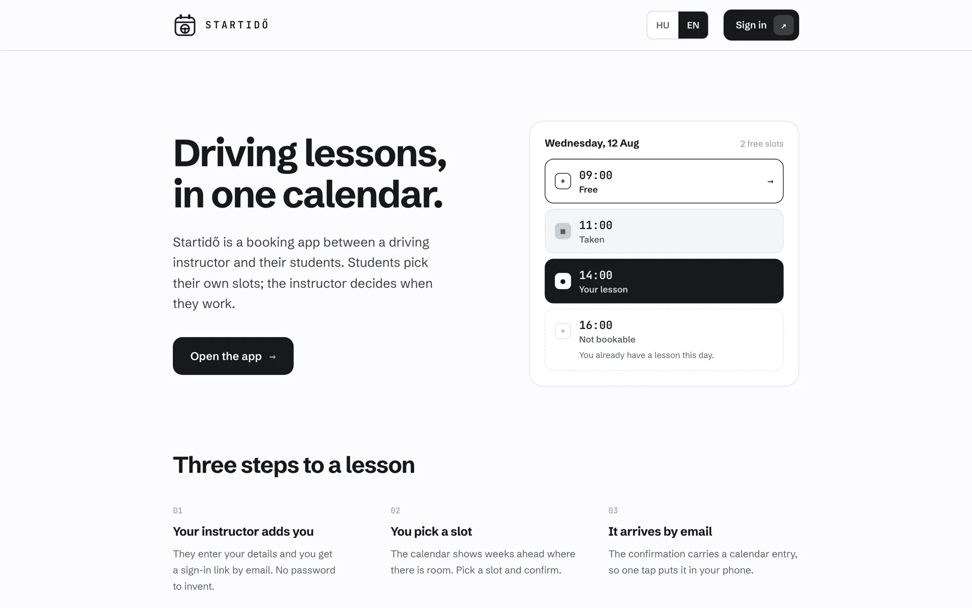 The Startidő home page in English: the heading “Driving lessons, in one calendar.” and a day's list of free, taken and own lesson slots.