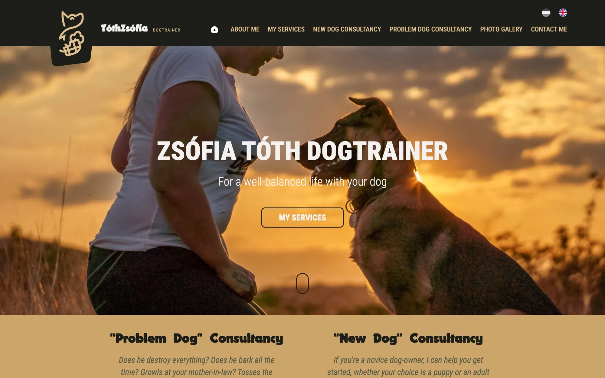 The TZS Kutyakiképző home page in English: the trainer and a dog at sunset, with the heading “Zsófia Tóth Dogtrainer”.